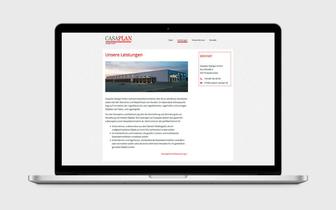 Casaplan, Webdesign, Contentseite
